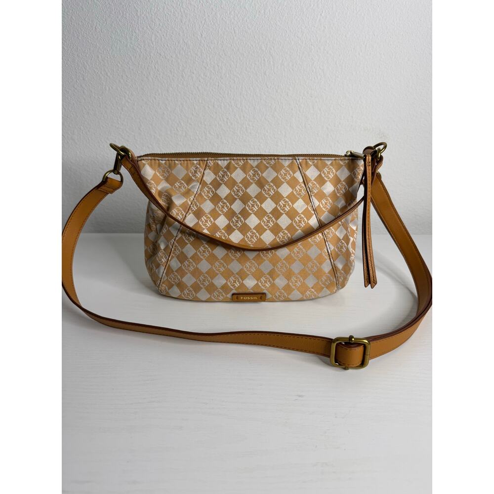 Fossil Womens Skylar Jacquard Crossbody Shoulder Handbag Purse Tan